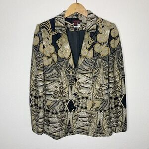 Simon Chang Jacquard Mixed Media Notched Lapel Shoulder Pads Blazer Coat